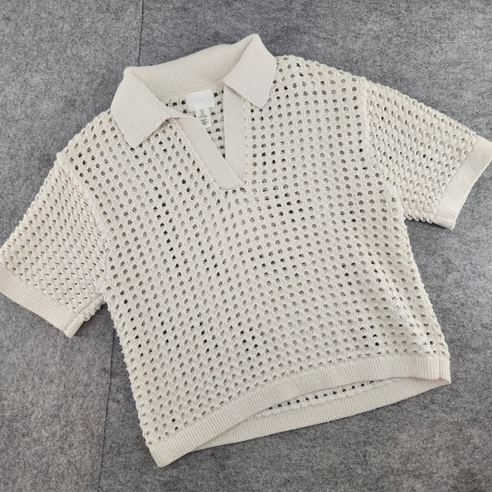 H&M Crochet Knit Short Sleeve Polo Shirt Ivory Cream Open Knit Women Small